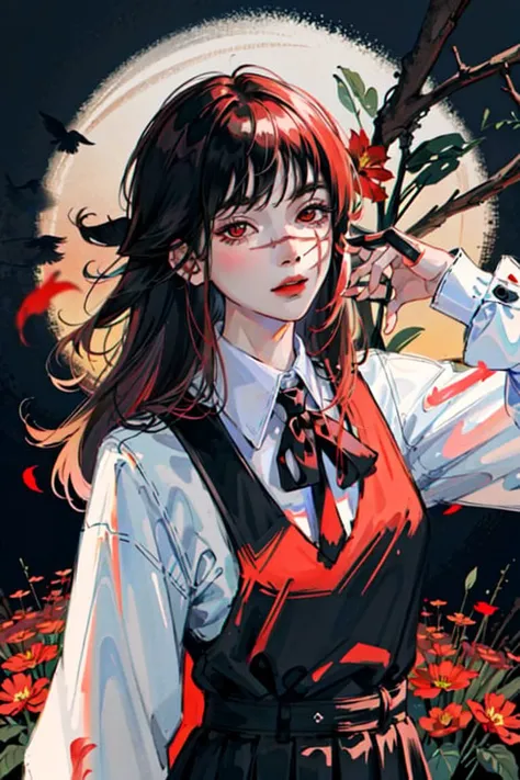 (masterpiece, best quality), <lora:chainsawman_yoruv2:1>, yoru, 1girl, long hair, red eyes, scar on face, ringed eyes, pinafore dress, black belt, black ribbon, smile, dark background, red flower, looking at viewer, blood, (wallpaper), (8k hd), black belt, blood drops, (holding red flower:1.2), petals,