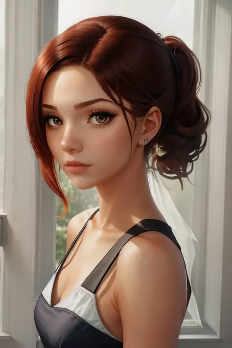 photo of <lora:sd15_MadisonKate_locon_24_v1:.9> Madison Kate, focus on eyes, close up on face, hair styled as Straight Sleek High Ponytail, silhouetted against the window