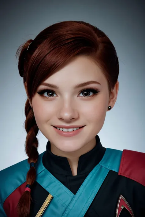 headshot of photo of <lora:sd15_MadisonKate_locon_24_v1:.9> Madison Kate, focus on smiling face, wearing a star trek uniform , her hair is styled as faux hawk hair,