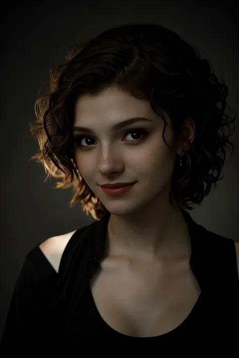 chiaroscuro portrait, high contrast, dramatic, Rembrandt lighting, photo of <lora:sd15_MadisonKate_locon_24_v1:.9> Madison Kate, focus on eyes, close up on face, smiling, wearing jewelry, hair styled as Curly Side Swept Hair,