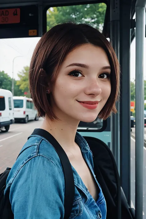 (shot from a Dutch angle, headshot:1.2) of photo of <lora:sd15_MadisonKate_locon_24_v1:.9> Madison Kate, smiling, side view, she is wearing sarashi, her hair is styled as blunt cut hair, BREAK she is (waiting at a bus stop in the country:1.1), direct flash photography, solarized,