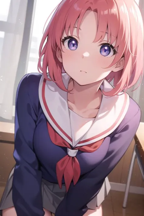 kobeniyonomori, <lyco:kobeniyonomori-lyco-nochekaiser:1>,
kobeni yonomori, (purple eyes:1.1), pink hair, short hair, two side up,
BREAK school uniform, serafuku, sailor collar, white sailor collar, blue shirt, long sleeves, skirt, grey skirt, pleated skirt,
BREAK looking at viewer, full body,
BREAK indoors, classroom,
BREAK <lyco:GoodHands-beta2:1>, (masterpiece:1.2), best quality, high resolution, unity 8k wallpaper, (illustration:0.8), (beautiful detailed eyes:1.6), extremely detailed face, perfect lighting, extremely detailed CG, (perfect hands, perfect anatomy),