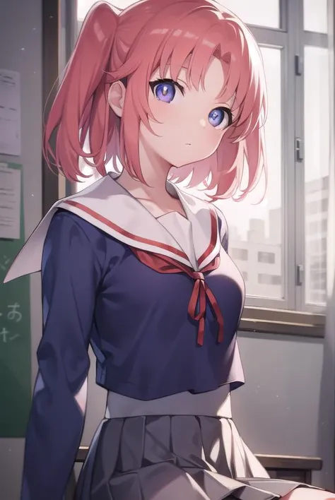 kobeniyonomori, <lyco:kobeniyonomori-lyco-nochekaiser:1>,
kobeni yonomori, (purple eyes:1.1), pink hair, short hair, two side up,
BREAK school uniform, serafuku, sailor collar, white sailor collar, blue shirt, long sleeves, skirt, grey skirt, pleated skirt,
BREAK looking at viewer, full body,
BREAK indoors, classroom,
BREAK <lyco:GoodHands-beta2:1>, (masterpiece:1.2), best quality, high resolution, unity 8k wallpaper, (illustration:0.8), (beautiful detailed eyes:1.6), extremely detailed face, perfect lighting, extremely detailed CG, (perfect hands, perfect anatomy),