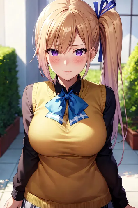 masterpiece, (best quality), 1woman,1girl ,1boy,,kawakami_mai, blonde hair, long hair, side ponytail, purple eyes, sweater vest, school uniform , skirt, large breasts,ribbon, hair ribbon, mole under eye,sexy woman, embarrassed,blush, vibrant colors ,,natural lighting ,RTX, , beautiful, (detailed face:1.2), showcase, (perfect eyes:1.1) ,(photorealistic:1.1), 8k uhd, looking at viewer, outdoors, simple backround