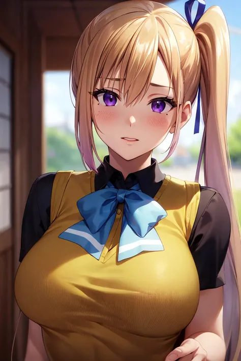 masterpiece, (best quality), 1woman,1girl ,1boy,,kawakami_mai, blonde hair, long hair, side ponytail, purple eyes, sweater vest, school uniform , skirt, large breasts,ribbon, hair ribbon, mole under eye,sexy woman, embarrassed,blush, vibrant colors ,,natural lighting ,RTX, , beautiful, (detailed face:1.2), showcase, (perfect eyes:1.1) ,(photorealistic:1.1), 8k uhd, looking at viewer, outdoors, simple backround