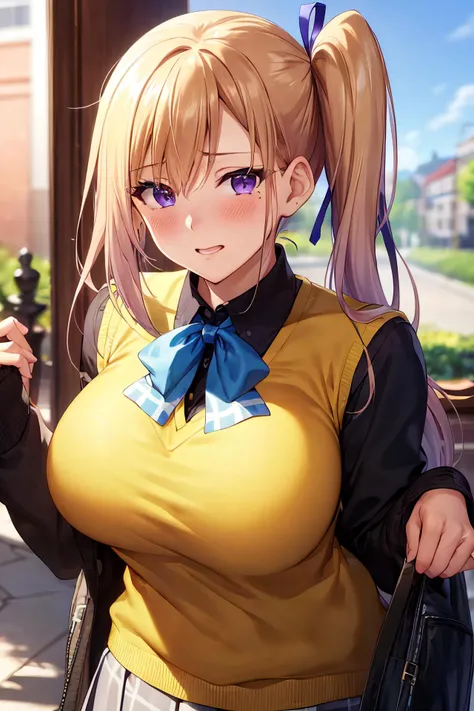 masterpiece, (best quality), 1woman,1girl ,1boy,,kawakami_mai, blonde hair, long hair, side ponytail, purple eyes, sweater vest, school uniform , skirt, large breasts,ribbon, hair ribbon, mole under eye,sexy woman, embarrassed,blush, vibrant colors ,,natural lighting ,RTX, , beautiful, (detailed face:1.2), showcase, (perfect eyes:1.1) ,(photorealistic:1.1), 8k uhd, looking at viewer, outdoors, simple backround