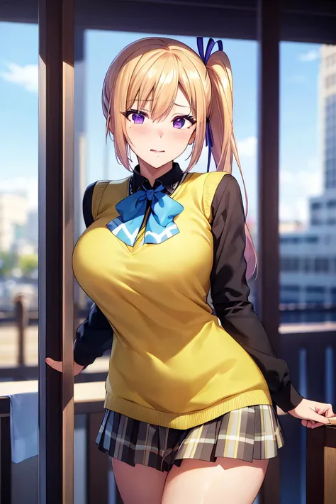 masterpiece, (best quality), 1woman,1girl ,1boy,,kawakami_mai, blonde hair, long hair, side ponytail, purple eyes, sweater vest, school uniform , skirt, large breasts,ribbon, hair ribbon, mole under eye,sexy woman, embarrassed,blush, vibrant colors ,,natural lighting ,RTX, , beautiful, (detailed face:1.2), showcase, (perfect eyes:1.1) ,(photorealistic:1.1), 8k uhd, looking at viewer, outdoors, simple backround
