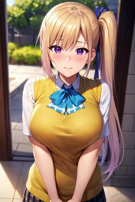 masterpiece, (best quality), 1woman,1girl ,1boy,,kawakami_mai, blonde hair, long hair, side ponytail, purple eyes, sweater vest, school uniform , skirt, large breasts,ribbon, hair ribbon, mole under eye,sexy woman, embarrassed,blush, vibrant colors ,,natural lighting ,RTX, , beautiful, (detailed face:1.2), showcase, (perfect eyes:1.1) ,(photorealistic:1.1), 8k uhd, looking at viewer, outdoors, simple backround