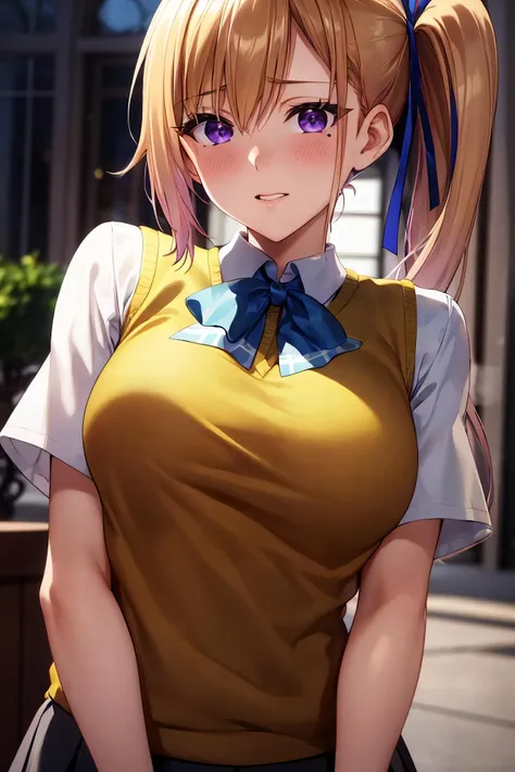 masterpiece, (best quality), 1woman,1girl ,1boy,,kawakami_mai, blonde hair, long hair, side ponytail, purple eyes, sweater vest, school uniform , skirt, large breasts,ribbon, hair ribbon, mole under eye,sexy woman, embarrassed,blush, vibrant colors ,,natural lighting ,RTX, , beautiful, (detailed face:1.2), showcase, (perfect eyes:1.1) ,(photorealistic:1.1), 8k uhd, looking at viewer, outdoors, simple backround