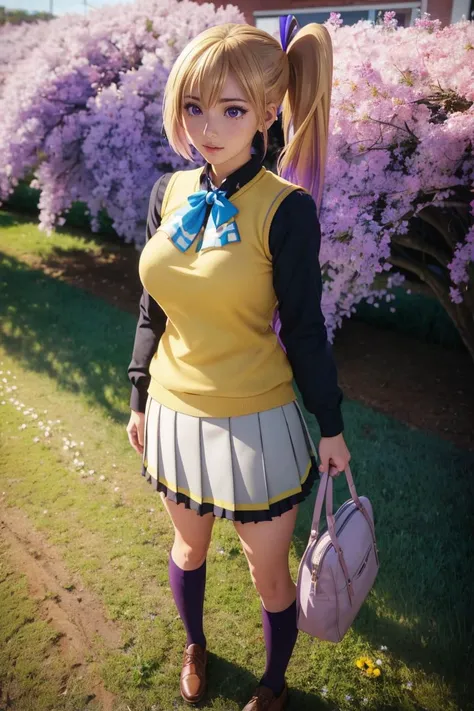 professional full body photo of kawakami_mai, blonde hair, long hair, side ponytail, purple eyes, sweater vest, school uniform , skirt, large breasts, ribbon, hair ribbon, mole under eye, vibrant colors ,
detailed skin, detailed eyes, flower field,
volumetric light, highrez, masterpiece, best quality,
<lora:mai_kawakami_DG:1:MIDD>