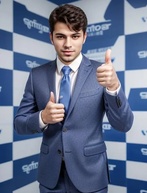 best quality, masterpiece, highres, detailed, realistic, photo shoot, <lora:Detail - add_detail:0.2>, SoftBack, checkered background, blue and white checkered background, <lyco:SoftBack:0.9>, BREAK a man wearing a suit and tie, giving thumbs up,