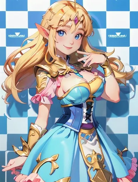 best quality, masterpiece, highres, detailed, digital artwork, <lora:Detail - add_detail:0.2>, SoftBack, checkered background, blue and white checkered background, <lyco:SoftBack:0.9>, BREAK smile, ZeldaHW, blonde hair, gold breastplate, blue eyes, pink dress:2, corset, <lora:Character - ZeldaHW:0.6>, pointy ears, medium breasts,