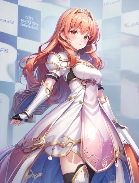 best quality, masterpiece, highres, detailed, digital artwork, <lora:Detail - add_detail:0.2>, SoftBack, checkered background, blue and white checkered background, photo shoot, <lyco:SoftBack:0.9>, CelicaFE, orange hair, orange eyes, tiara, white dress, armor, gauntlets, blush, smile,  <lora:Character - CelicaFE:0.7>, straight-on,