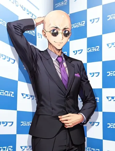 best quality, masterpiece, highres, detailed, digital artwork, <lora:Detail - add_detail:0.2>, SoftBack, checkered background, blue and white checkered background, <lyco:SoftBack:0.9>, BREAK smile,  1man, MasanoriV, bald, sunglasses, round eyewear, suit, formal, purple tie, evil smile, smug, <lora:Character - MasanoriV:0.6>