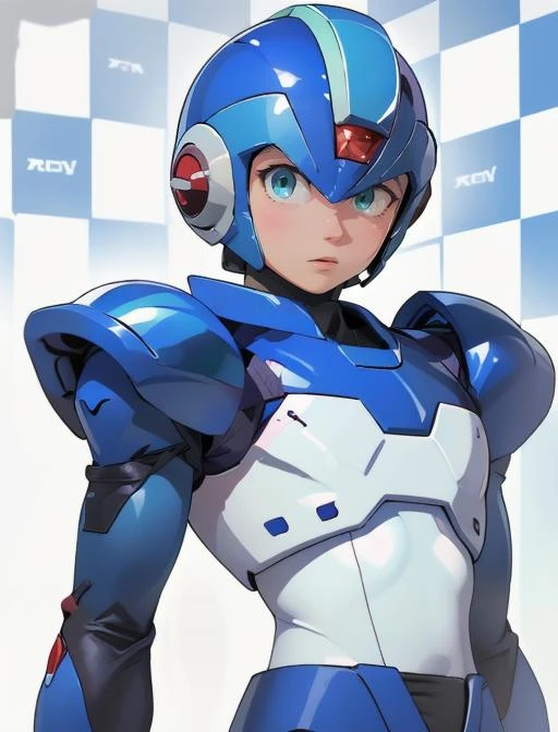 best quality, masterpiece, highres, detailed, digital artwork, <lora:Detail - add_detail:0.2>, SoftBack, checkered background, blue and white checkered background, <lyco:SoftBack:0.9>, BREAK XRockman, 1boy, android, blue armor, blue helmet, green eyes, white gloves, upper body,  <lora:Character - XRockman:0.6>, red crystal,