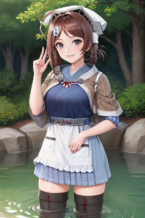 (masterpiece, best quality:1.2), <lyco:kancolle_chougei-08:1.0>, cowboy shot, solo, 1girl, chougei, smile, looking at viewer, wading, ahoge, twin braids, hair rings, hair ornament, bandana, headgear, school uniform, blue serafuku, shawl, waist apron, blue skirt, thighhighs