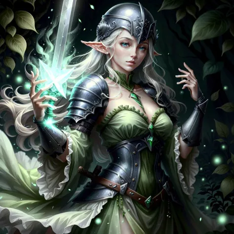 A young, adventurous female elf warrior standing in a mystical forest. She has long, flowing silver hair and piercing green eyes. Her armor is made of intricately designed silver and green metals, adorned with emeralds. She holds a glowing, ancient staff in her right hand and a small, enchanted shield in her left. The forest is dense with ancient trees, bioluminescent plants, and soft mist swirling around her feet. The mood is magical and mysterious, realistic, 4k, beautiful big eyes, cover legs, half body photo