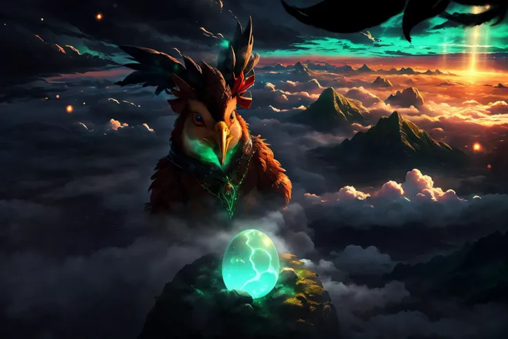(masterpiece, best quality), volumetric light, best shadows, (chicken:1.3), closed mouth, (giant chicken hatching on top of a mountain:1.4), from above, (above clouds:1.4), (atmospheric perspective:1.3), nebula, BREAK, (giant animal:1.3), (extremely oversized animal:1.5), whimsical, peaceful, cozy, beautiful sunrise, (bioluminescent feathers:1.2), nature, otherworldly, (intricately detailed:1.1), BREAK, naturemagic , magical energy, fantasy, glowing eyes, <lora:NatureMagic:0.8>, <lora:LowRA:1>,