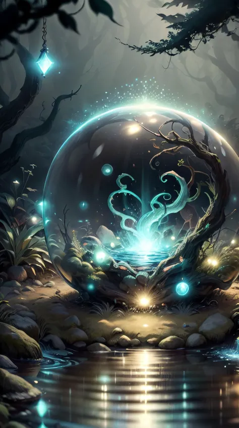 (Charcoal color), naturemagic a peaceful pond that reflects future events on its mirror-like surface magical energy Vibrant echoes, vortex, fantasy <lora:NatureMagic-20:0.8>