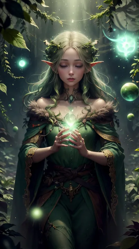 (Red color), naturemagic (style-swirlmagic:0.8), focus on character portrait, solo, (full body:0.6), looking down, detailed background, detailed face, (high fantasy medieval theme:1.1), serene expression, druid, wearing natural colored brown flowing robes, fur-lined, calm posture, restoration spell, magic, glowing orbs, floating particles, swirling leaves in the air, moss, vines, branches, violets, bushes, starry sky, nature shrine in background, ethereal atmosphere, earth tones, magical energy synthesis, Astral navigation, fantasy <lora:NatureMagic-20:0.8>