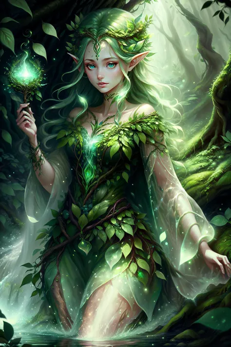 <lora:NatureMagic:1> naturemagic, druidic \(theme\), 1girl, wilderness, woods, enchantress, waterfall, spirits, spells,