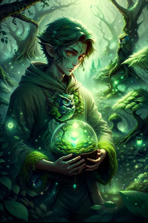 <lora:NatureMagic:1> naturemagic, horror \(theme\), 1boy, nature, trees, mystic, valley, owls, incantations,
