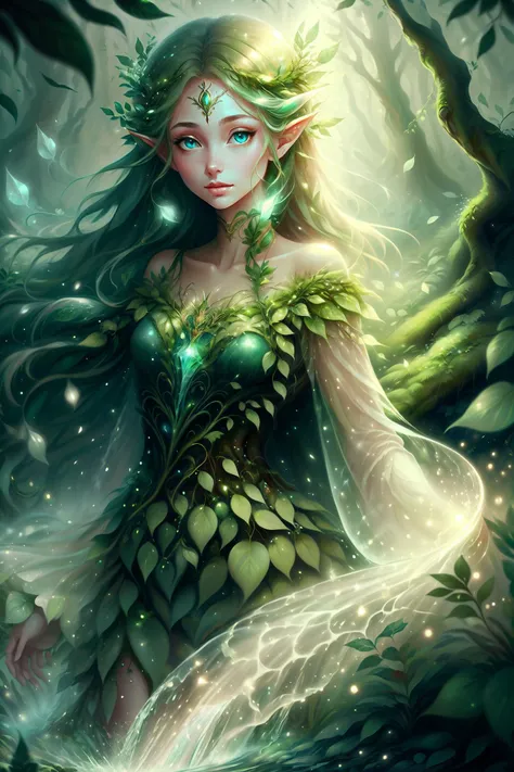 <lora:NatureMagic:1> naturemagic, angelic \(theme\), 1girl, wilderness, woods, enchantress, waterfall, spirits, spells,