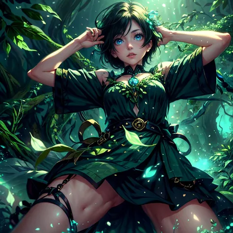 from below, girl with short black hair, blue eyes, Tomboy, standing (solo:1.5)  <lora:Tomboy:0.6> <lora:add_detail:0.6> 
<lora:NatureMagic-20:1>, naturemagic, magical energy fantasy