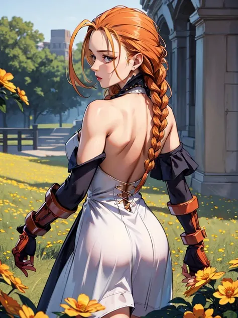 (masterpiece:1.2, best quality), photorealistic, (hyperrealistic:1.2), beautiful, extremely detailed face, a 23yo woman, black-orange hair, braided hair, frilled dress, offshoulder, (perfect anatomy), long gloves, smeling a flower, textured skin, warm lighting
<lora:cammy_white_v1:1>
(view from back:1.2)
