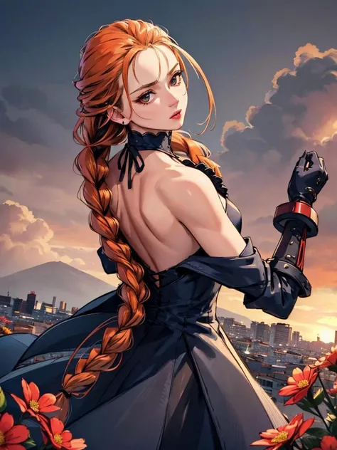 (masterpiece:1.2, best quality), photorealistic, (hyperrealistic:1.2), beautiful, extremely detailed face, a 23yo woman, black-orange hair, braided hair, frilled dress, offshoulder, (perfect anatomy), long gloves, smeling a flower, textured skin, warm lighting
<lora:cammy_white_v1:1>
(view from back:1.2)