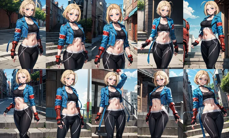 masterpiece, best quality, highres, 1girl, cammy white, short hair, antenna hair, blue eyes, scar on cheek, large breasts, black choker, collarbone, blue jacket, cropped jacket, open jacket, sports bra, midriff, fingerless gloves, black gloves, black pants, <lora:cammy_white_v1:0.7>, standing, cowboy shot, stair, outdoors,