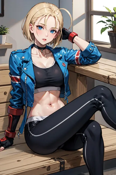 masterpiece, best quality, highres, 1girl, cammy white, short hair, antenna hair, blue eyes, scar on cheek, large breasts, black choker, collarbone, blue jacket, cropped jacket, open jacket, sports bra, midriff, fingerless gloves, black gloves, black pants, <lora:cammy_white_v1:0.7>, sitting, indoors,