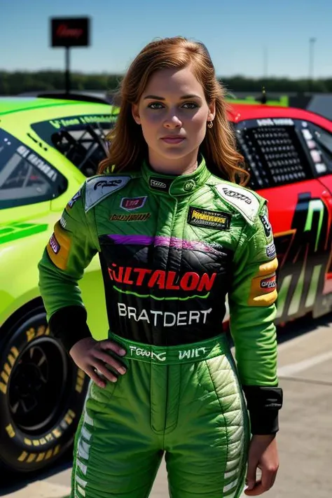 a sports photograph of beautiful(J4n313vy:1.1) woman,as a NASCAR race car driver,wearing a (lime green) racing firesuit,standing next to racing stock car,parked in victory lane,holding championship trophy,speedway in background,sports magazine photoshoot,sharp focus,detailed eyes,(highly detailed),(HDR),(8k wallpaper),colorful,intricately detailed,highres,absurdres,hyper realistic,8K UHD DSLR,Fujifilm XT3,taken with (Canon EOS 1Ds camera),extremely intricate,dramatic,(looking at viewer),4k textures,hyperdetailed,PA7_Portrait-MS,<lora:J4n313vy_03C-000004:1.0>,