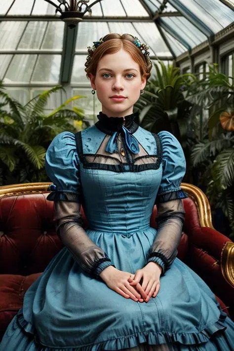 A vintage painting of beautiful(J4n313vy:1.1) woman as a (beautiful young contessa:1.1),wearing an exquisite (blue 1850's Victorian dress with overskirt:1.3),in a (Victorian conservatory room:1.2),sitting on an ornately decorated couch,famous sculptures nearby,With fresh flower arrangements and plants surround,with sun beams streaking in,(art in the style of Daniel Ridgway Knight:1.2),soft lighting,high quality,film grain,Fujifilm XT3,(highly detailed),(Award winning),(Masterpiece),(HDR),(8k wallpaper),colorful,intricate,detailed,looking_at_viewer,highres,absurdres,hyper realistic,(low_view:1.2),PA7_Portrait-MS,<lora:J4n313vy_03C-000004:1.0>,