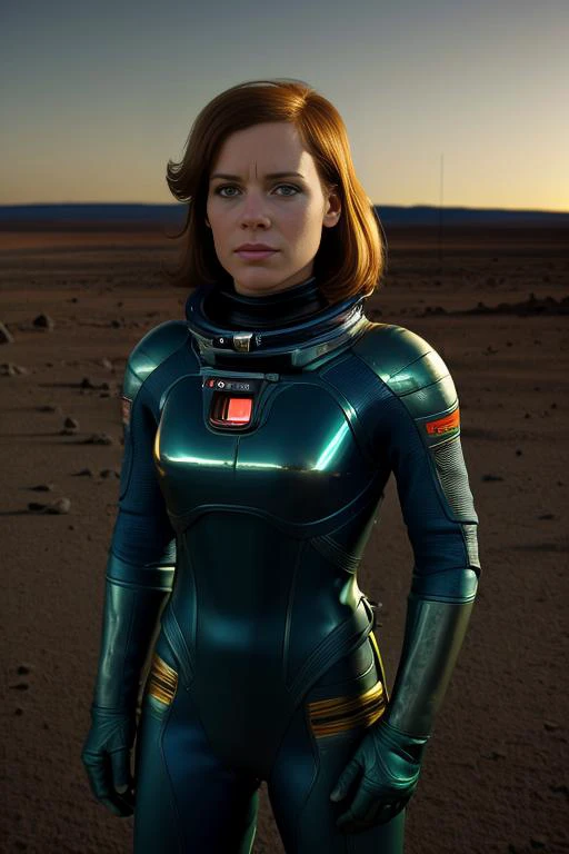 a realistic photograph of beautiful(J4n313vy:1.1) woman,as an astronaut, in a spacesuit without a helmet,on the plains of Mars,with a Martian Lander behind her,standing next to a [green|blue:0.4] short alien,action pose,dramatic,facing viewer,serious expression on face,photorealistic,volumetric lighting,cinematic lighting,indoor,sony a7,35mm,hyperrealistic,big depth of field,concept art,colors,hyperdetailed,hyperrealistic,(big depth of field),(golden hour),(ambient light),PA7_Portrait-HL,<lora:J4n313vy_03C-000004:1.0>,