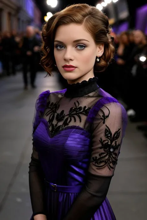 a professional photograph of beautiful(J4n313vy:1.1) woman,as a beautiful movie star,modelshoot style,at a world cinematic premier,outside of a hollywood theatre,wearing a stylish (byzantine violet) gown,with a Bouffant hair style,wearing(dark violet)lipstick,perfect makeup and eyeshadow,surrounded by paparazzi photographers and movie fans,magazine photoshoot,modelshoot style,sharp focus,detailed eyes,(highly detailed),(HDR),(8k wallpaper),colorful,intricately detailed,highres,absurdres,hyper realistic,8K UHD DSLR,Fujifilm XT3,taken with (Canon EOS 1Ds camera),extremely intricate,dramatic,(looking at viewer),4k textures,elegant,(cinematic look),hyperdetailed,PA7_Portrait-MS,<lora:J4n313vy_03C-000004:1.0>,
