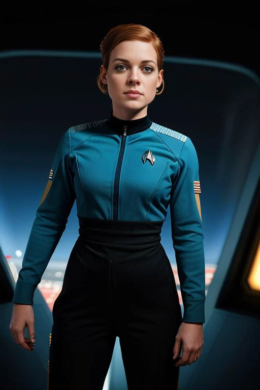 photo of Alice Eve (carol marcus from Star Trek into darkness), RAW, beautiful woman, ((full body)), ((detailed face:1.2)), ((detailed facial feature, detailed skin, clear skin), (perfect proportioned body), (short bob cut hair), (wearing tight skin star trek ev suit), (high detailed star trek environment), (realistic photo, best quality, detailed), (8k wallpaper), (cinematic lighting, dramatic lighting) (sharp focus, intricate)