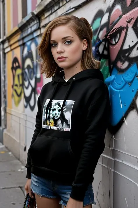 a digital photograph of beautiful(J4n313vy:1.1) woman,as a beautiful skater grrl,1girl,wearing a (black hoodie:1.3) and (tuscany yellow cutoffs:1,1),holding a can of brawndo thirst mutilator sports drink,standing against a wall with (graffiti art by Banksy:1.2),in a narrow cobblestone alleyway,skateboard,(dark brown lipstick,makeup and eyeshadow:1.1),(low angle),fashion magazine photoshoot,as seen in (vogue magazine),sharp focus,detailed eyes,(highly detailed),(HDR),(8k wallpaper),colorful,vivid color,intricately detailed,highres,absurdres,hyper realistic,8K UHD DSLR,Fujifilm XT3,taken with (Canon EOS 1Ds camera),extremely intricate,dramatic,(looking at viewer),4k textures,elegant,(cinematic look),hyperdetailed,cyberpunk style,PA7_Portrait-MS,<lora:J4n313vy_03C-000004:1.0>,