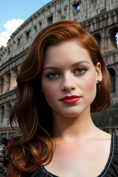 a professional photograph of beautiful(J4n313vy:1.1) woman,as a beautiful tour guide,wearing a (russet brown) dress,standing in front of the (Colliseum in Rome:1.3),sunny sky with few clouds,tourist crowds in background,long hair,(mahogany red)lipstick,makeup and mascara,(upper body),Conde Nast travel magazine photoshoot,sharp focus,detailed eyes,(highly detailed),(HDR),(8k wallpaper),colorful,vivid color,intricately detailed,highres,absurdres,hyper realistic,8K UHD DSLR,Fujifilm XT3,taken with (Canon EOS 1Ds camera),extremely intricate,dramatic,(looking at viewer),4k textures,elegant,hyperdetailed,PA7_Portrait-MS,<lora:J4n313vy_03C-000004:1.0>,
