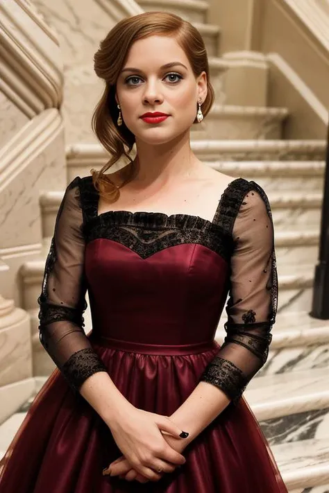 photorealistic, cinematic, raw photo, low angle shot, woman, 29 years old, blond hair, hourglass body shape, big breast ,pixie hairstyle, wearing dark burgundy evening dress, at the opera, evening, happy, interested