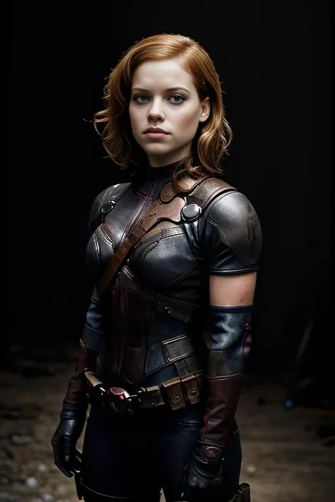 portrait of beautiful(J4n313vy:1.1) woman as Lady Deadpool, without mask,(fit and muscular:1.3),standing in ruins following an epic boss battle,hourglass figure,serious expression,hero action pose,epic,cinematic photo,studio lighting,hard light,sony a7,50 mm,matte skin,pores,colors,hyperdetailed,(hyperrealistic),PA7_Portrait-MS,<lora:J4n313vy_03C-000004:1.0>,