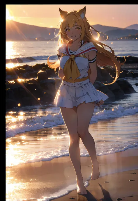 Best quality, masterpiece, ultra high res, (photorealistic:1.4), raw photo, 1girl, AHRI_COSPLAY, WHITE TAILS, BLACK LONG HAIR, YELLOW EYES, look at viewer, full body, warm smile, seaside, Golden hour makes everything warm and romantic a beautiful woman, golden hour, rim lighting, warm tones, sun flare, soft shadows, vibrant colors, hazy glow, painterly effect, dreamy atmosphere