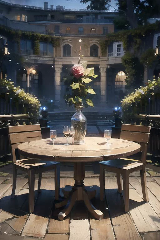 masterpiece, highres, best quality, round table, ((rose)), love, valentine day, glass of vine, outdoor