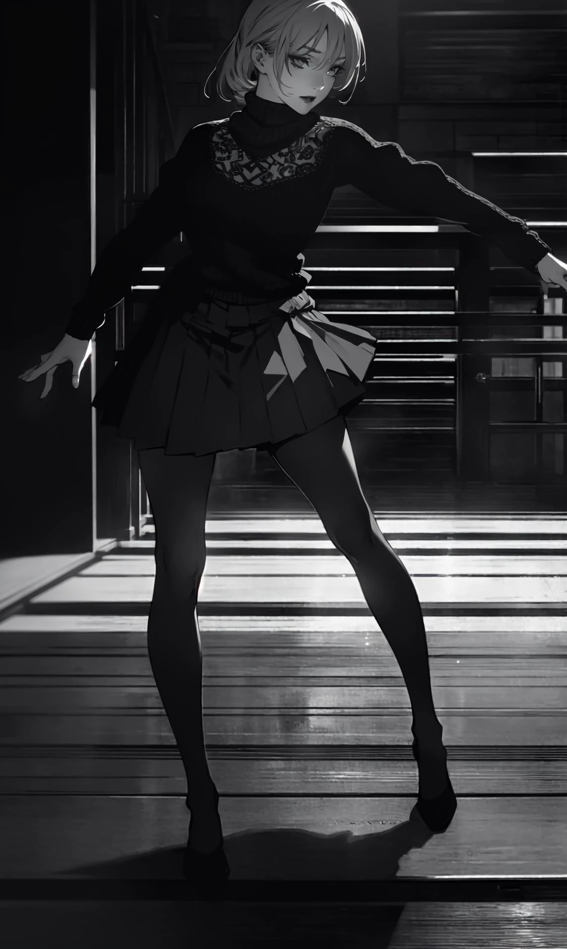Best quality, masterpiece, ultra high res, raw photo, beautiful and aesthetic,deep shadow, dark theme,(photorealistic:1.4), 1girl, pantyhose, white pleated skirt, woolen sweater, slim body, fit, Graceful poise, evocative atmosphere, magnetic presence, refined seduction, captivating mystique, Intricate zentangle patterns, a single female figure, astonishing level of detail, generously endowed, full-body composition, striking perspective, a chaotic masterpiece, gracefully poised, inspired by brutalist architecture, vibrant color palette, undertones,