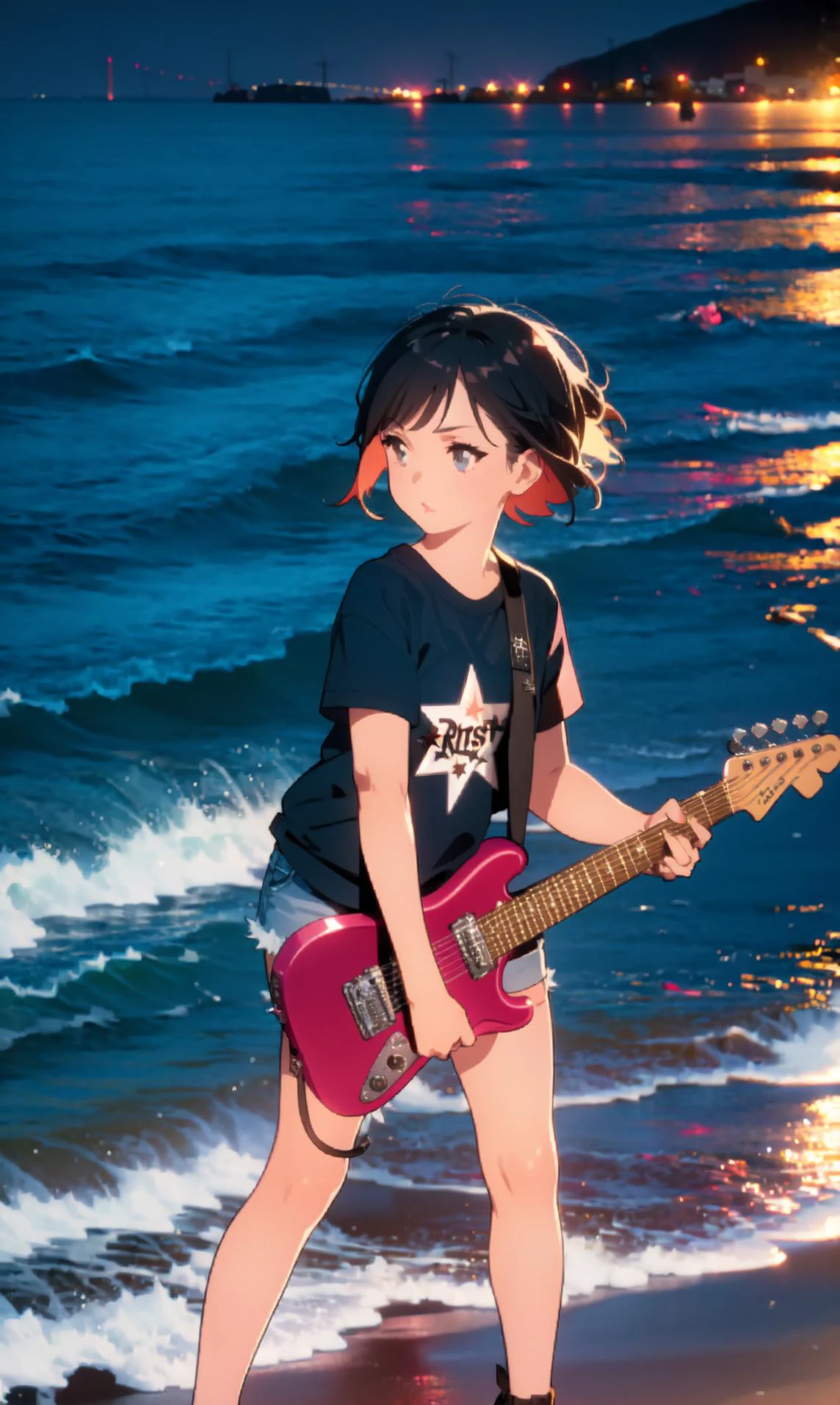 Rock Star,1girl,Playing fender electric guitar,short sleeve,Shorts,Beach,Night,beveled short hair,