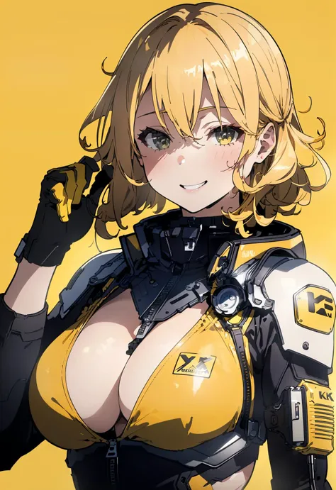 ((wallpaper 8k)), ((high detailed)), ((masterpiece)), ((best quality:1.2)), ((hdr)), ((absurdres)), ((RAW photo)), 1girl, yellow pilot suit with zipper, revealing breast, large breast, upper body, blonde hair, curly hair, bangs, medium hair, sunglasses on the top of the head, yellow_background, simple background, smiling,