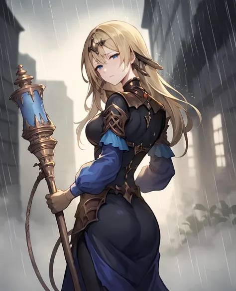 score_9,score_8_up,score_7_up,source_anime,rating_safe BREAK masterpiece,highres,best quality,high quality,dramatic angle,cinematic lighting,1girl,<lora:ShadowverseTetra_Pony_V2:0.86>,blonde hair,blue eyes,hair ornament,gold trim,headgear,black bodysuit,sarong,blue sleeves,gloves,holding staff,sad,half-closed eyes,rainy,rain,heavy rain,rain drop,extremely detailed backkground,in the ruin of city,depth of field,blurry background,fog,turning head,looking at viewer,from behind,from below,thick thighs,glowing,dim,collapsed buildings,rocks,sad