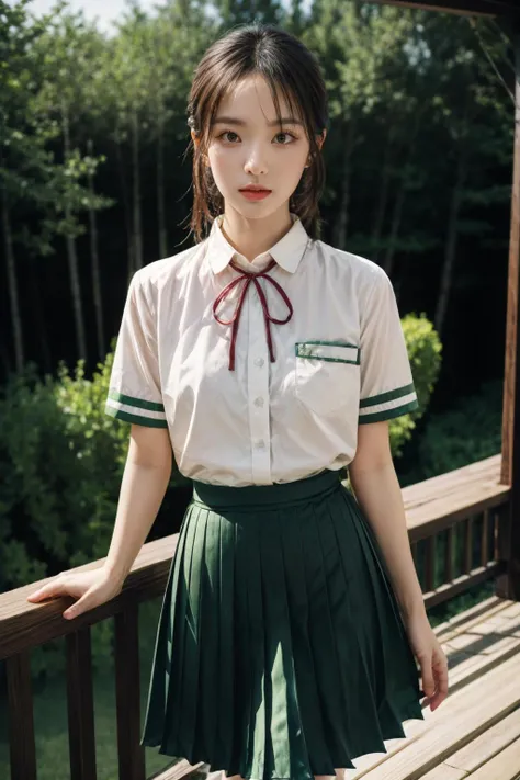 best quality,HDR,UHD,8K,Vivid Colors,solo,front view,(photo_(medium)),(looking at viewer:1.2),(1girl:1.3),(outside:1.5),(sitting:1.5),furniture,bright light,suzume iwato,green skirt,