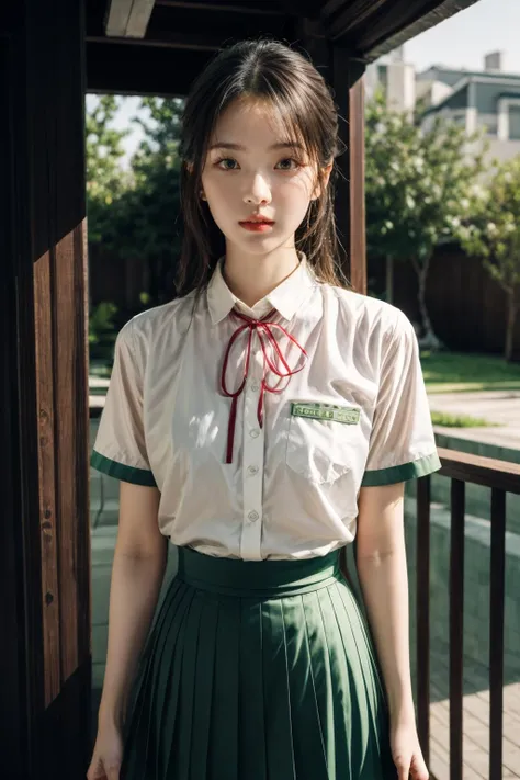 best quality,HDR,UHD,8K,Vivid Colors,solo,front view,(photo_(medium)),(looking at viewer:1.2),(1girl:1.3),(outside:1.5),(sitting:1.5),furniture,bright light,<lora:add_detail:1>,<lora:suzume iwato:0.8>,suzume iwato,green skirt,