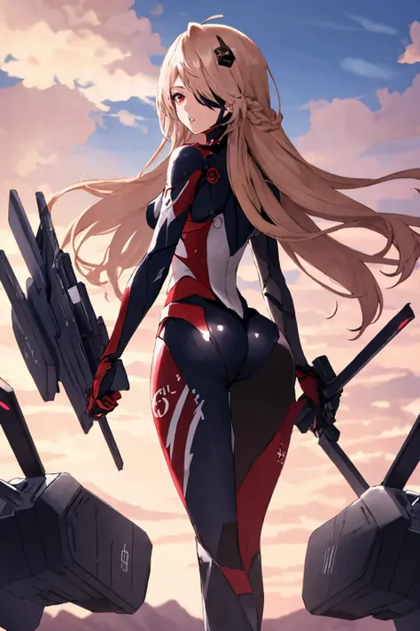 Masterpiece, best quality, <lora:NemesisV10:1>, Nemesis, 1girl, long hair, solo, red eyes, outdoors, ass, looking back, looking at viewer, standing, from behind, sky, very long hair, blurry, parted lips, weapon, floating guns
